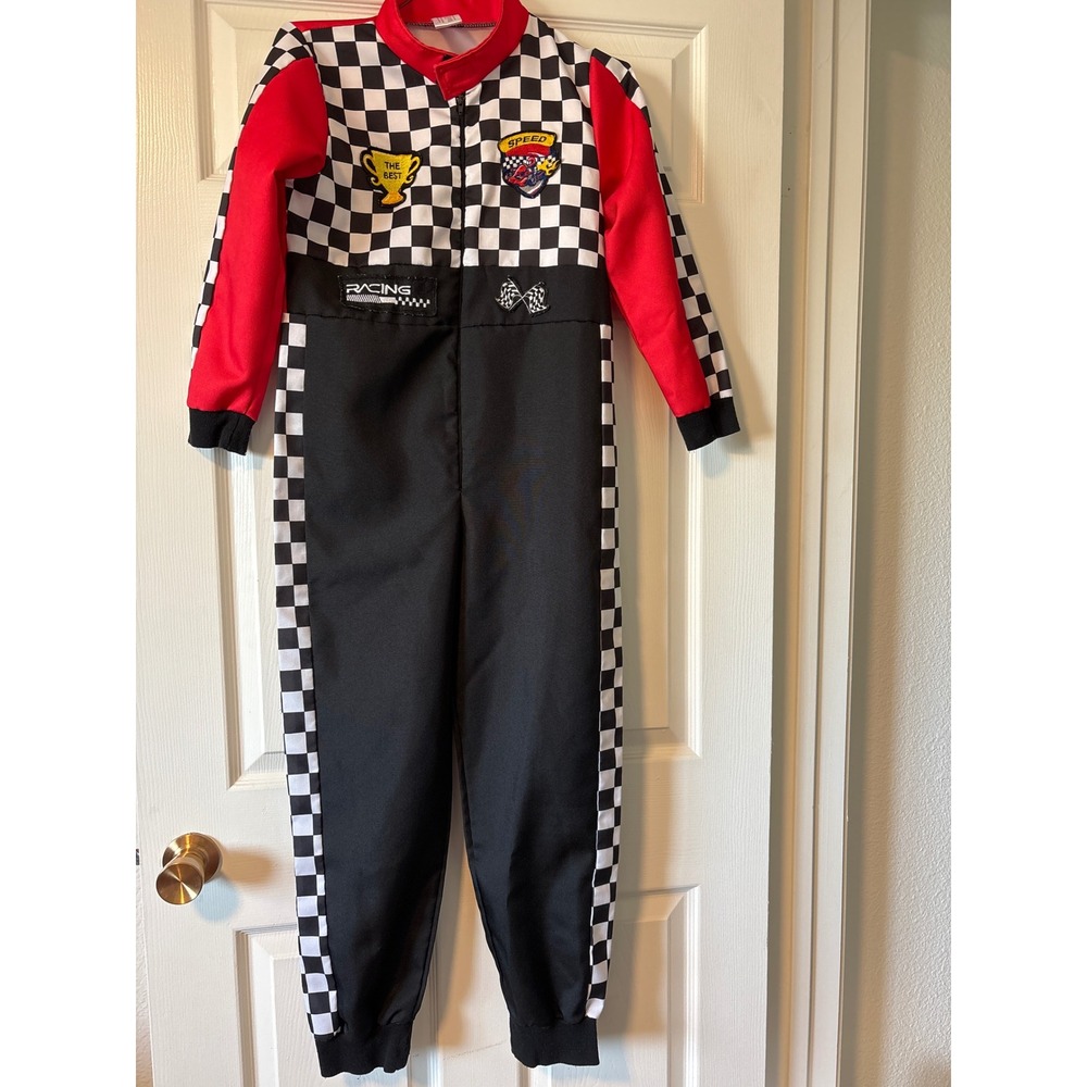 Unbranded Race Car Driver Costume Kids Large Red Checkered Excellent Jumpsuit